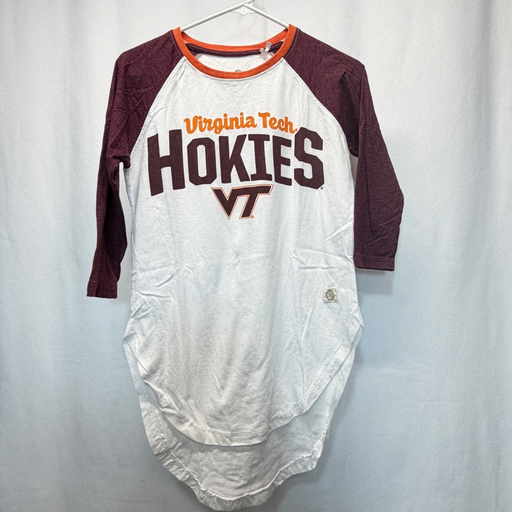 Virginia Tech Hokies T-Shirt Women Small Three Square White Maroon Raglan Tee